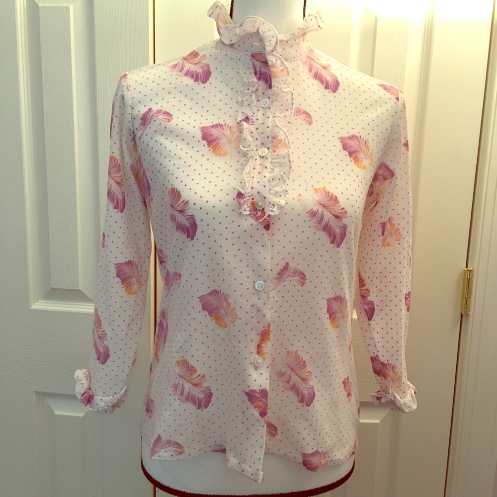 Feather dot vintage ruffle purple white blouse